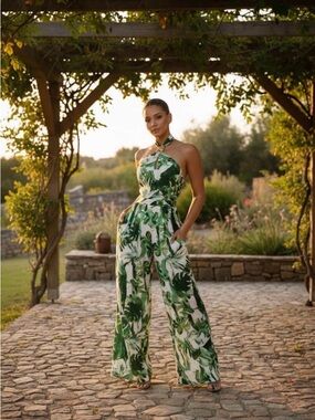Leaf-Print Halter Jumpsuit in Green
